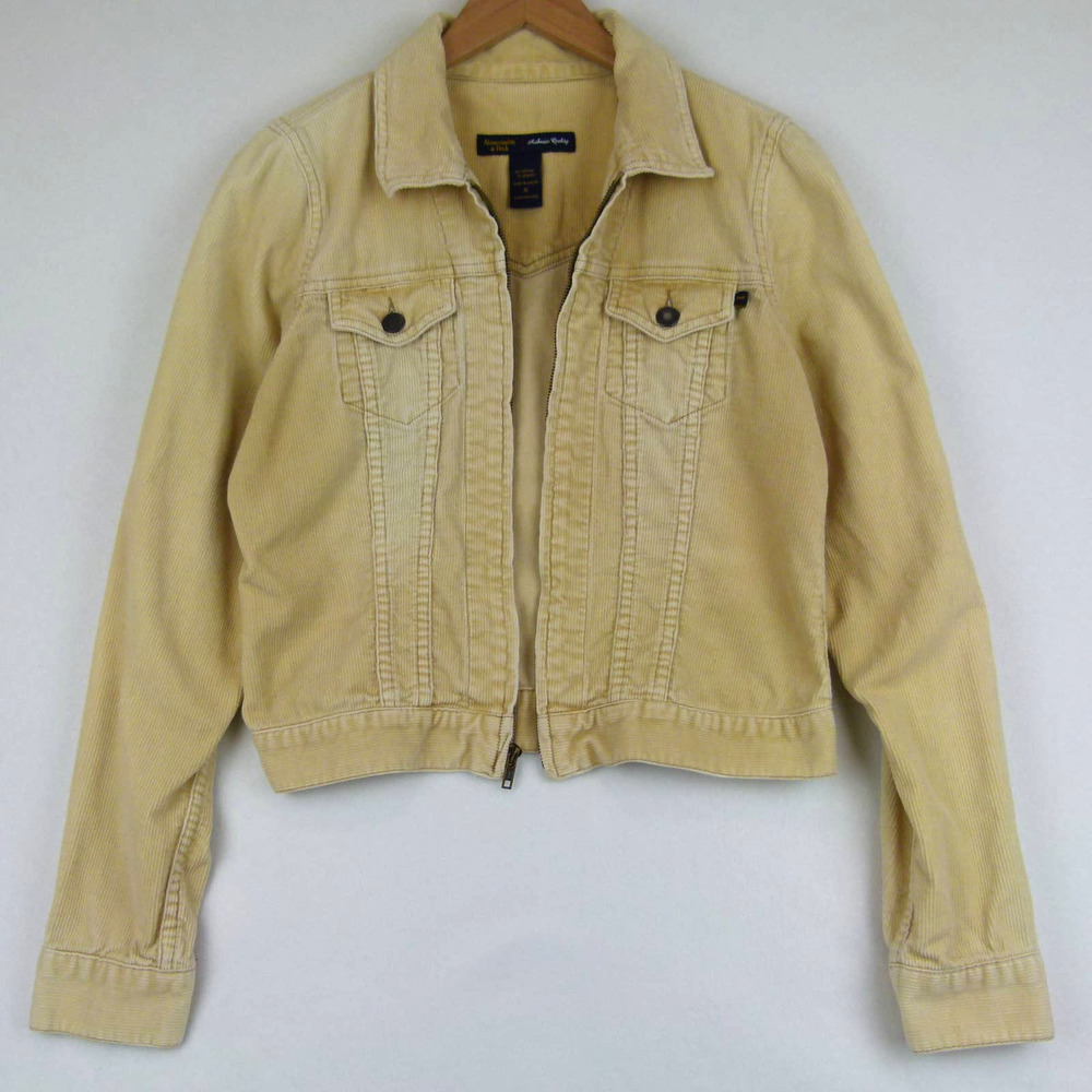 Abercrombie & Fitch Womens Corduroy Jacket Zip Retro Y2K Grunge Beige Yellow S